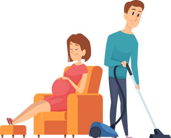 Femme enceinte se reposant sur un canapé et homme passant l'aspirateur  Illustration