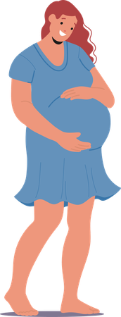 Femme enceinte souriante tenant son ventre tout en portant une robe bleue  Illustration