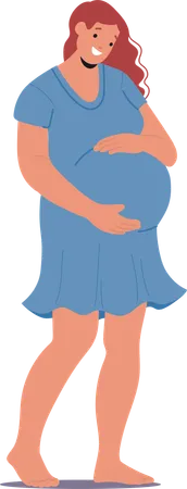 Femme enceinte souriante tenant son ventre tout en portant une robe bleue  Illustration