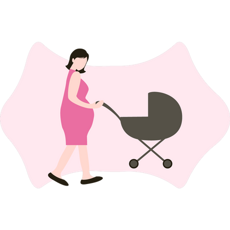 Une femme enceinte va se promener avec une poussette  Illustration