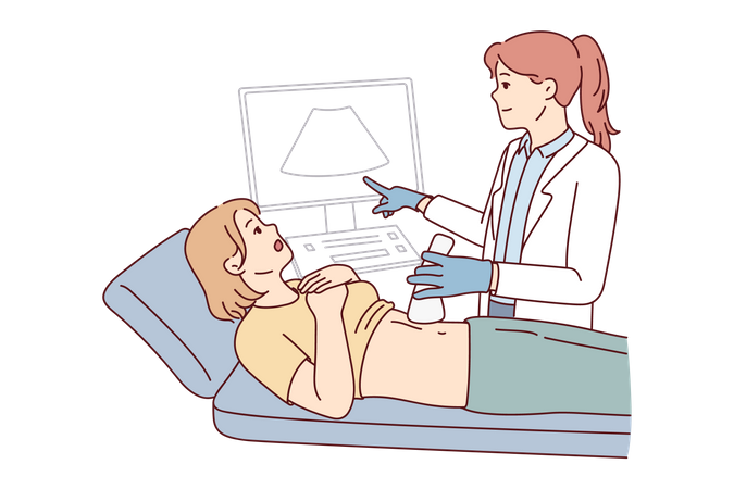 Femme enceinte vérifiant l'échographie de bébé à l'hôpital  Illustration