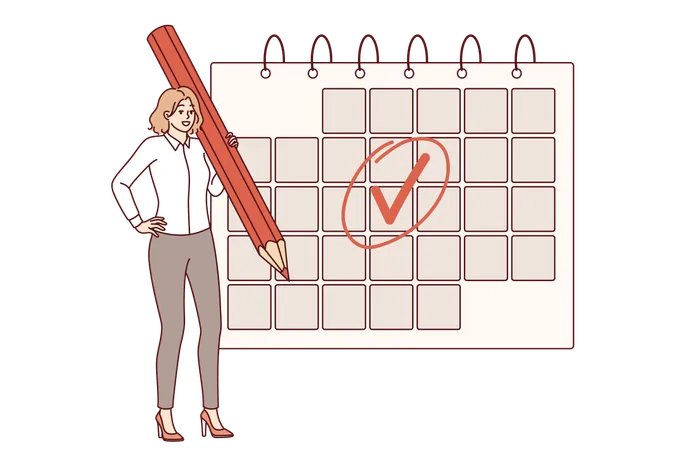 Femme engagée dans la planification d'entreprise et utilise le calendrier pour maintenir le calendrier avec un grand crayon  Illustration