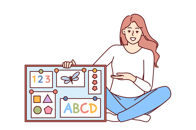 Femme professeur d'anglais à l'école primaire avec tableau magnétique avec alphabet multicolore  Illustration