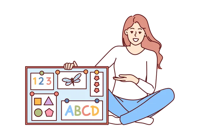 Femme professeur d'anglais à l'école primaire avec tableau magnétique avec alphabet multicolore  Illustration