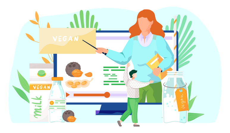 Femme enseignant en ligne sur le lait végétalien  Illustration