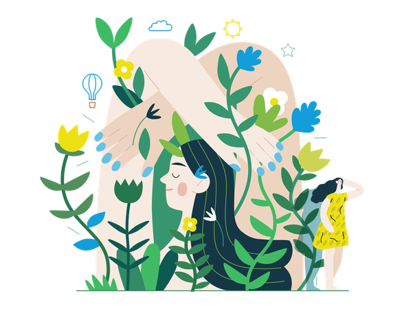 Femme entourée de plantes  Illustration