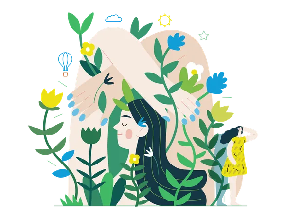 Femme entourée de plantes  Illustration