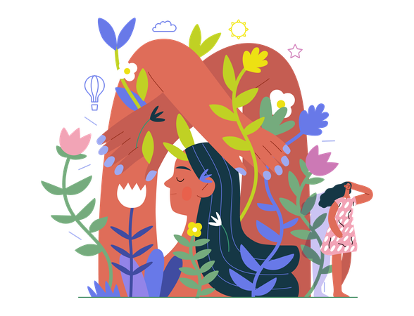 Femme entourée de plantes  Illustration