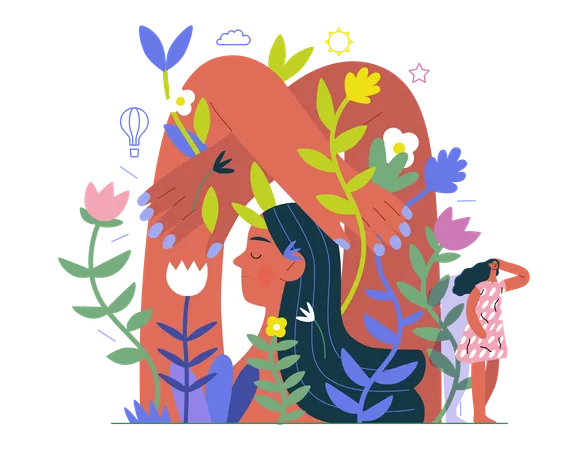 Femme entourée de plantes  Illustration