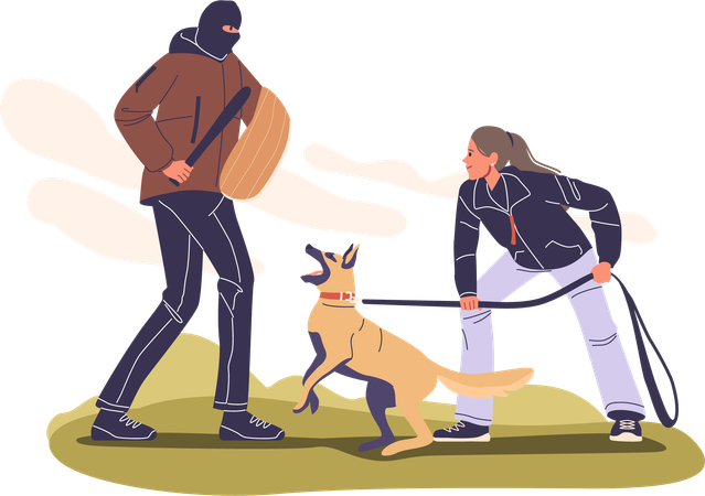 Une femme entraîne un chien de garde dans la cour avec un entraîneur en tenue de protection  Illustration