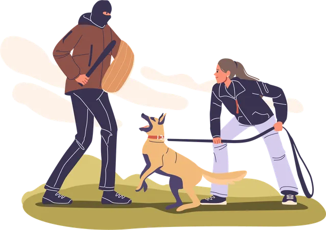 Une femme entraîne un chien de garde dans la cour avec un entraîneur en tenue de protection  Illustration