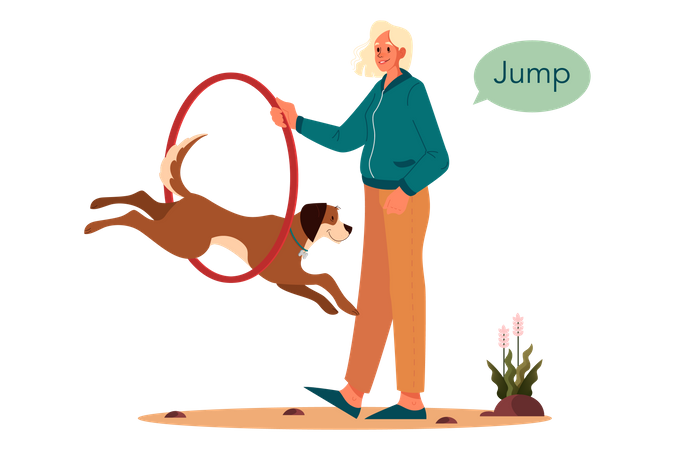 Femme dressant un chien à sauter sur le ring  Illustration