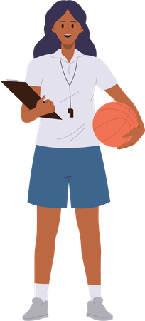 Entraîneur de basket-ball femme debout avec ballon et presse-papiers  Illustration