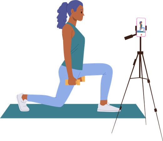 Une coach de fitness diffuse une vidéo pour un blog enregistrant son entraînement avec des haltères  Illustration