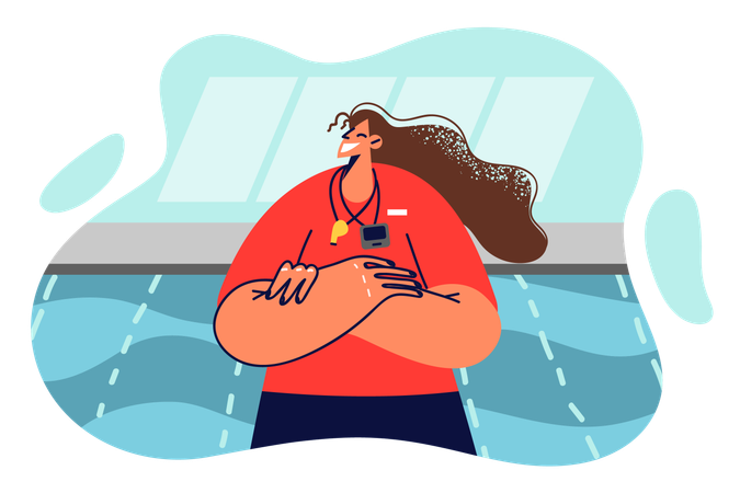Une entraîneure de natation se tient debout, les bras croisés près de la piscine pour former de jeunes nageurs  Illustration