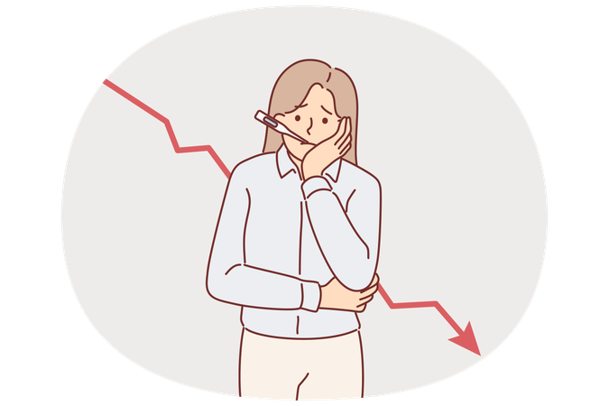 Une femme entrepreneure rencontre des problèmes dans son entreprise, debout près d'un graphique en chute libre  Illustration
