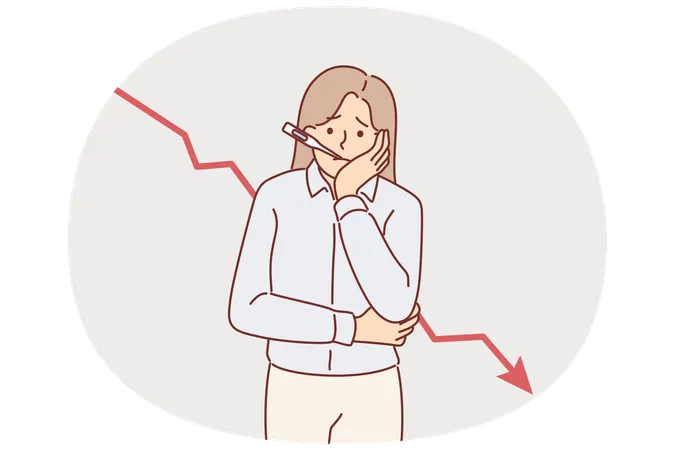 Une femme entrepreneure rencontre des problèmes dans son entreprise, debout près d'un graphique en chute libre  Illustration