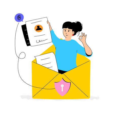 Une femme envoie un e-mail sécurisé  Illustration