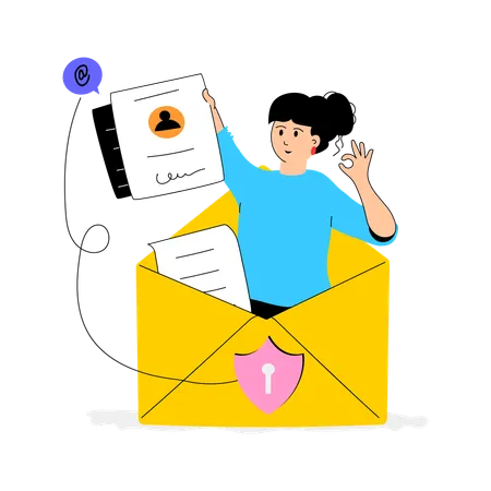 Une femme envoie un e-mail sécurisé  Illustration