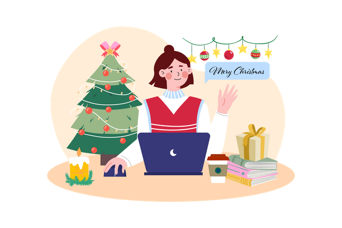 Une femme envoie des vœux de Noël en ligne  Illustration