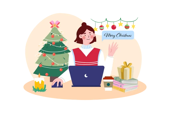 Une femme envoie des vœux de Noël en ligne  Illustration