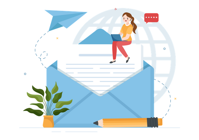 Une femme envoie un e-mail en ligne  Illustration