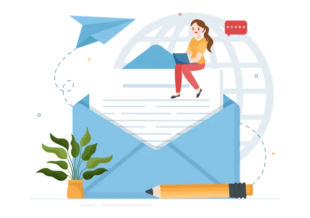 Une femme envoie un e-mail en ligne  Illustration