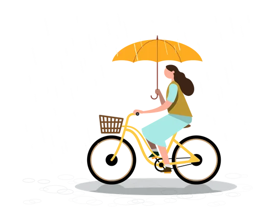 Femme faisant du vélo tout en tenant un parapluie pendant la saison des pluies  Illustration