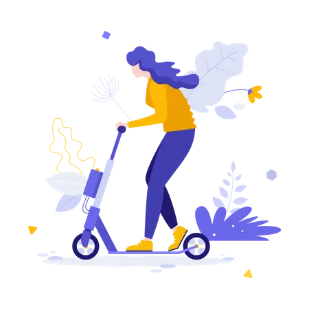 Femme équitation trottinette motorisée  Illustration