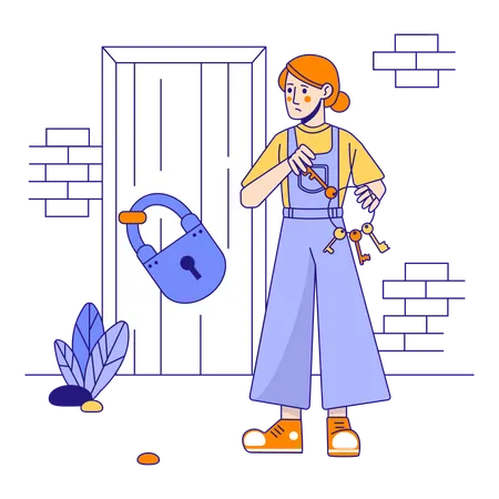 Femme essayant différentes clés pour déverrouiller la serrure de la porte  Illustration