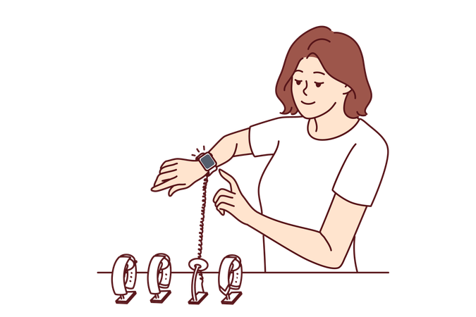 Une femme essaie une montre-bracelet sur ses mains  Illustration