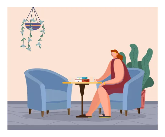 Une femme est assise dans un café avec une tasse  Illustration