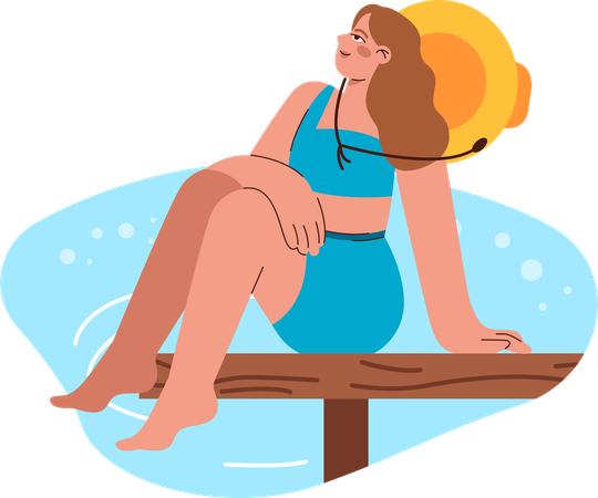 La femme est assise au banc de plage  Illustration