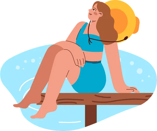 La femme est assise au banc de plage  Illustration