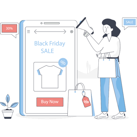 Une femme fait du marketing pour les soldes du Black Friday  Illustration