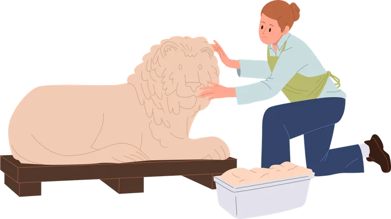 Une femme sculpte une statue de lion  Illustration