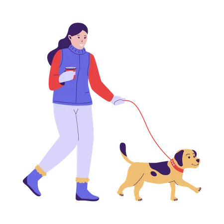 Femme et animal de compagnie en hiver  Illustration