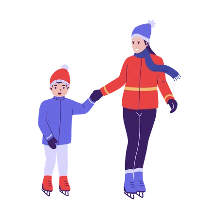 Femme et enfants appréciant le patinage sur glace  Illustration