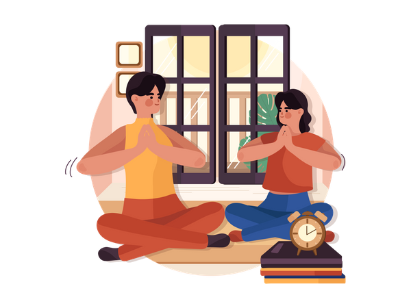 Femme et fille faisant du yoga méditation à la maison  Illustration