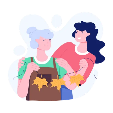 Femme et grand-mère célébrant Thanksgiving Décor  Illustration