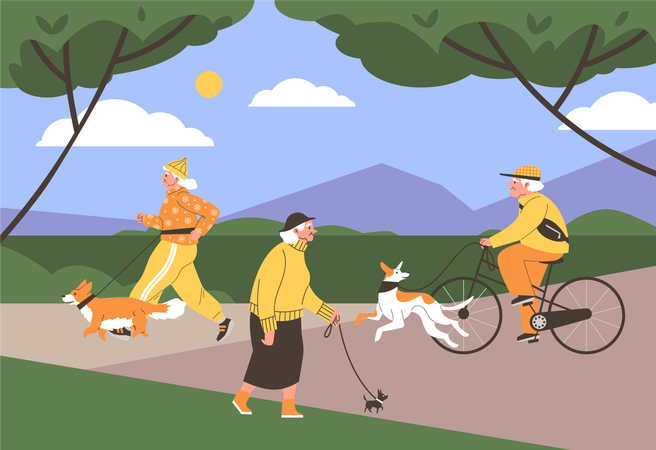 Une femme âgée heureuse et un homme avec des chiens en laisse pendant qu'ils marchent  Illustration