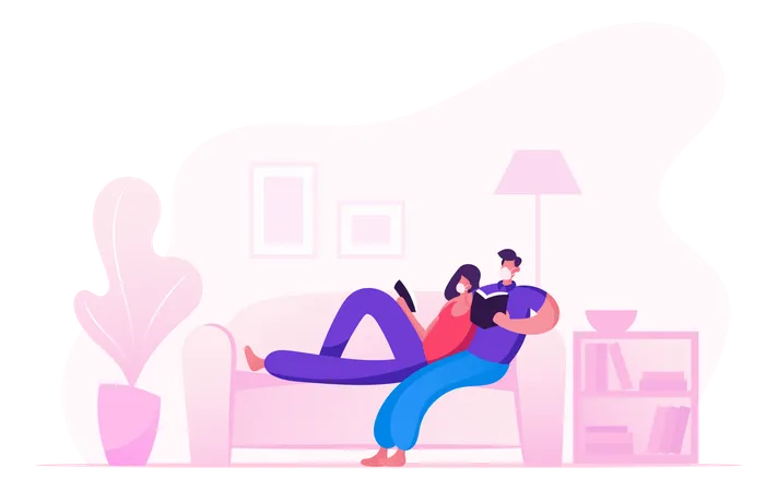 Femme et homme assis sur un canapé lisant des livres pendant la quarantaine Covid 19  Illustration