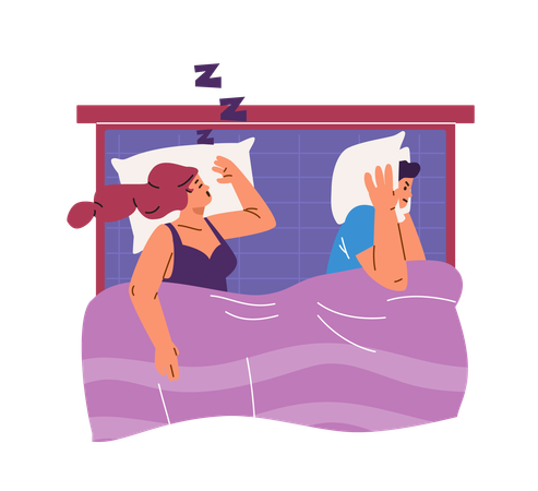 Femme et homme au lit représentant des scènes courantes d'apnée du sommeil  Illustration