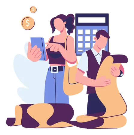 Femme et homme d'affaires calculant le budget  Illustration