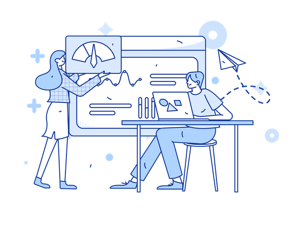 Femme d'affaires et homme montrant le rapport d'analyse  Illustration