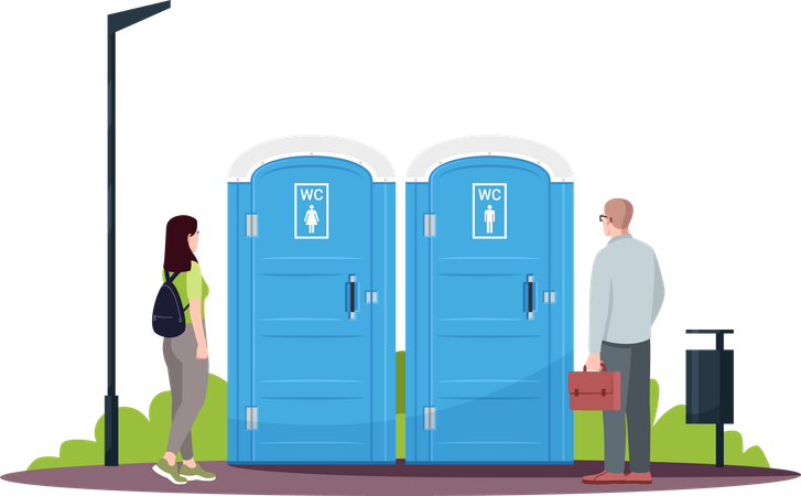 Femme et homme faisant la queue pour les toilettes publiques  Illustration