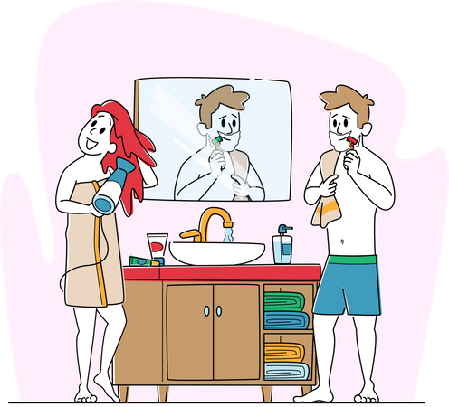 Femme et homme devant un miroir séchant les cheveux et se rasant  Illustration