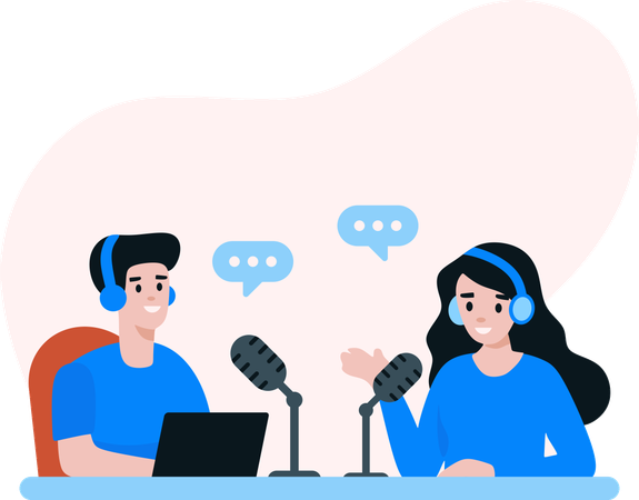 Une femme et un homme font un podcast en direct  Illustration