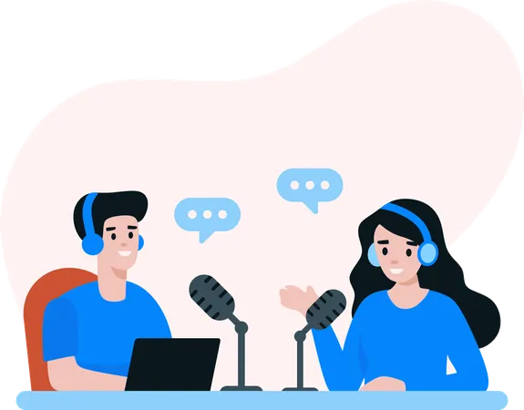 Une femme et un homme font un podcast en direct  Illustration