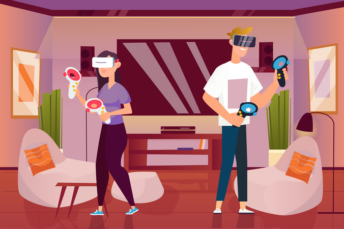 Femme et homme jouant au jeu VR  Illustration